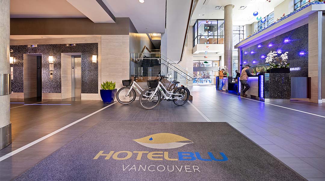 Two electric bikes in the lobby at Hotel BLU in Vancouver, BC Two electric bikes in the lobby at Hotel BLU in Vancouver, BC