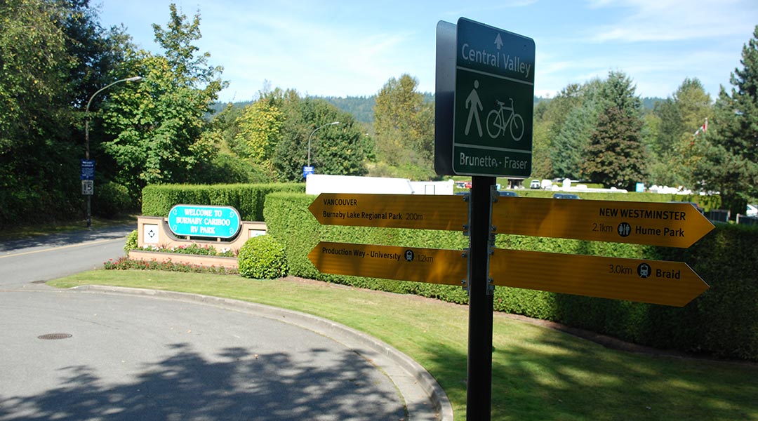 The entrance of the Burnaby Cariboo RV Park and Campground in Metro Vancouver The entrance of the Burnaby Cariboo RV Park and Campground in Metro Vancouver