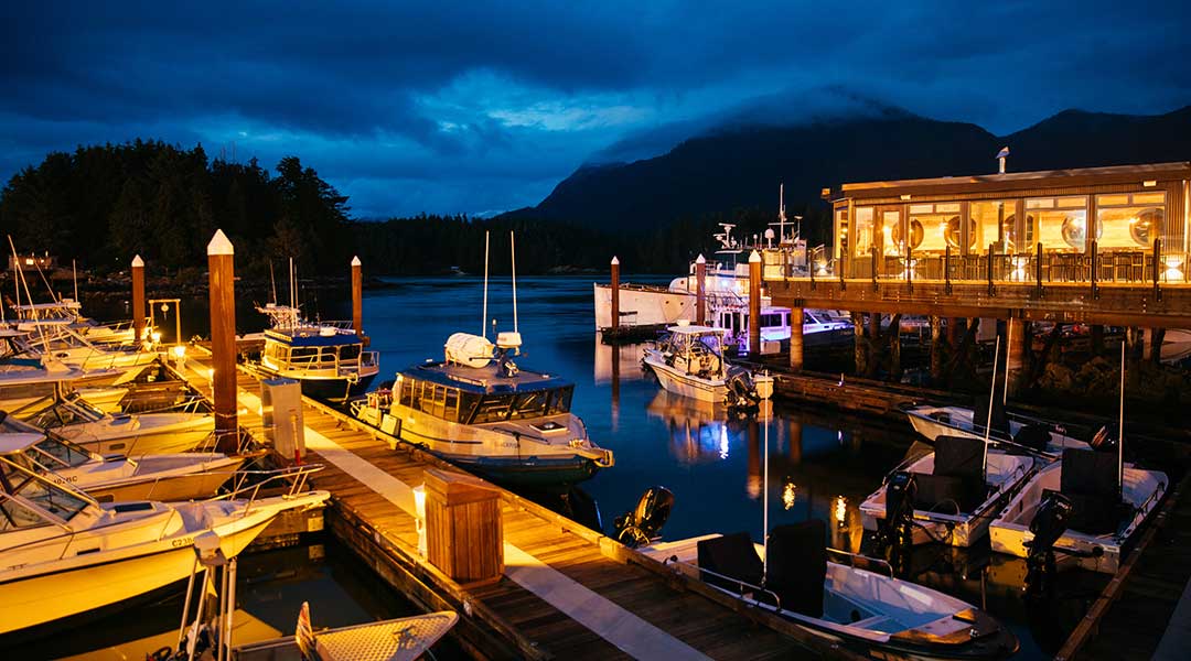 Marina at night with boats docked at Tofino Resort and Marina on Vancouver Island Marina at night with boats docked at Tofino Resort and Marina on Vancouver Island