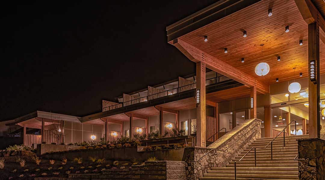 Exterior building and entrance of the Harbour House Hotel on Salt Spring Island at night Exterior building and entrance of the Harbour House Hotel on Salt Spring Island at night