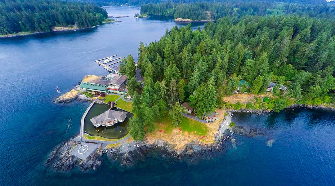 An aerial view of the exterior of the April Point Resort and Spa surrounded by the ocean in Quathiaski Cove on Quadra Island An aerial view of the exterior of the April Point Resort and Spa surrounded by the ocean in Quathiaski Cove on Quadra Island