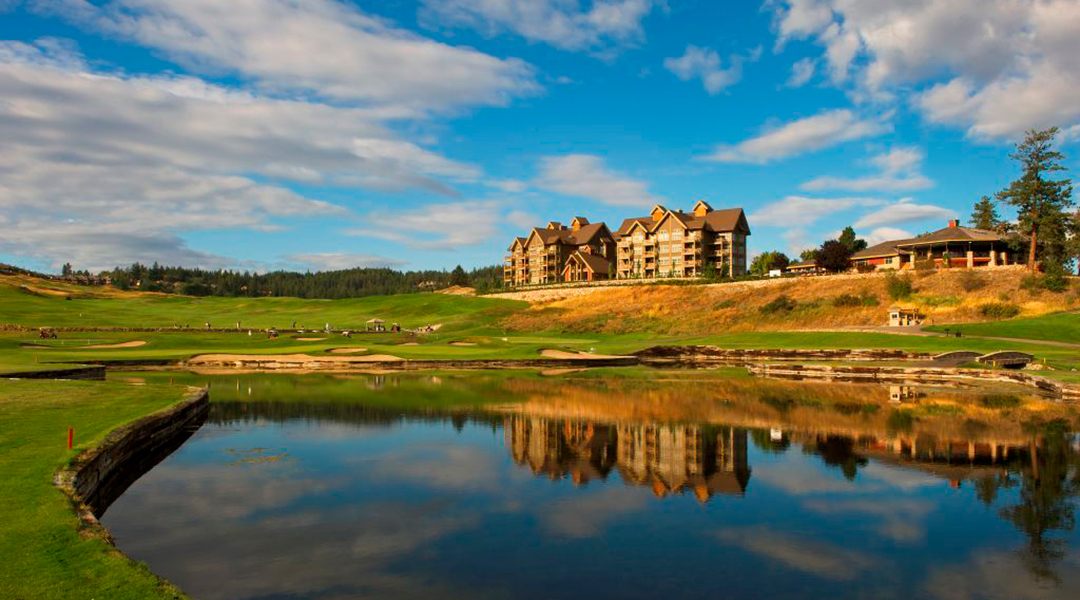 Predator Ridge Resort front lawn and pond at golden hour in Vernon BC Predator Ridge Resort front lawn and pond at golden hour in Vernon BC