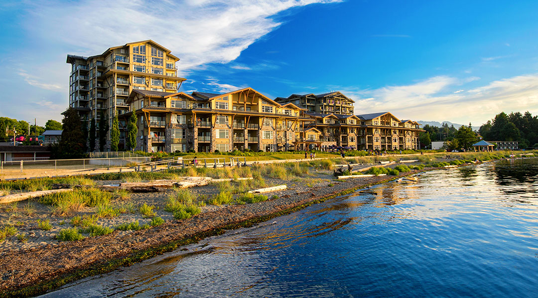 The exterior entrance of The Beach Club Resort by the ocean in Parksville Vancouver Island The exterior entrance of The Beach Club Resort by the ocean in Parksville Vancouver Island