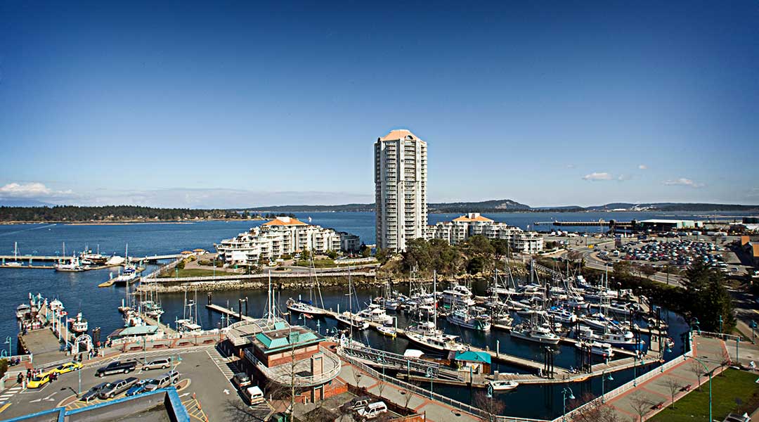 Aerial and exterior view of the Coast Bastion Hotel and the marina in Nanaimo on Vancouver Island Aerial and exterior view of the Coast Bastion Hotel and the marina in Nanaimo on Vancouver Island