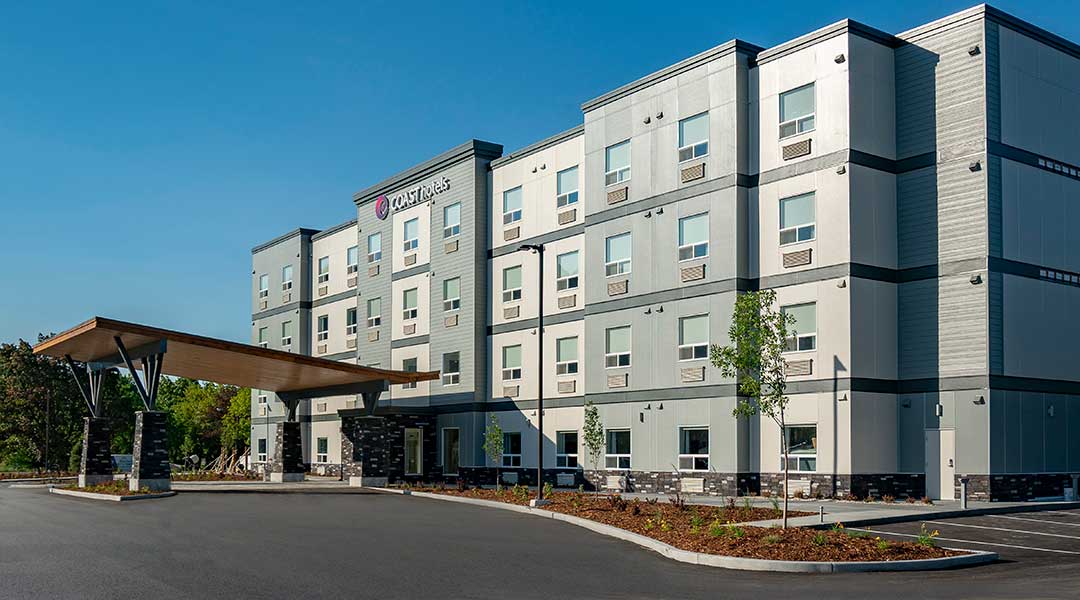 The exterior entrance and building of the Coast Oliver Hotel in Thompson Okanagan The exterior entrance and building of the Coast Oliver Hotel in Thompson Okanagan