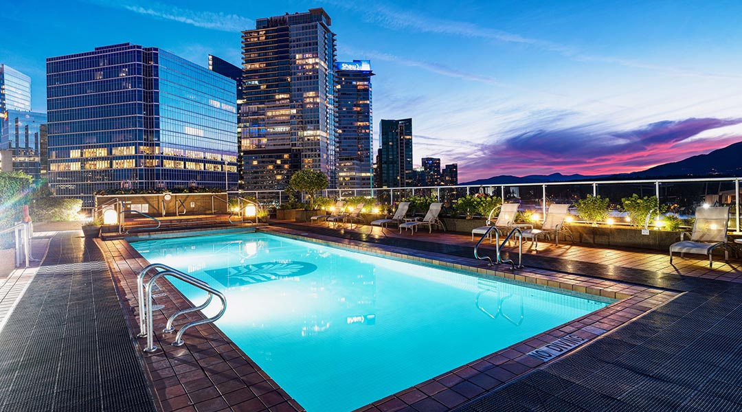 Evening at the pool in the Pan Pacific in Vancouver