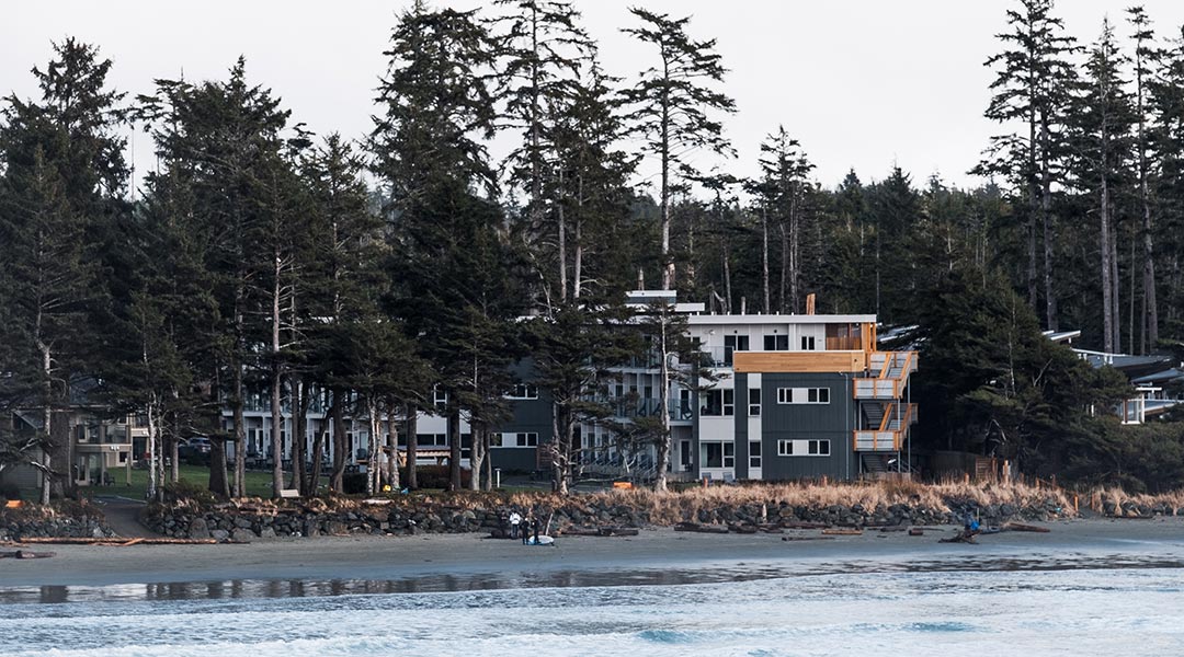 The exterior building of the Pacific Sands Beach Resort by Cox Bay Beach in Tofino