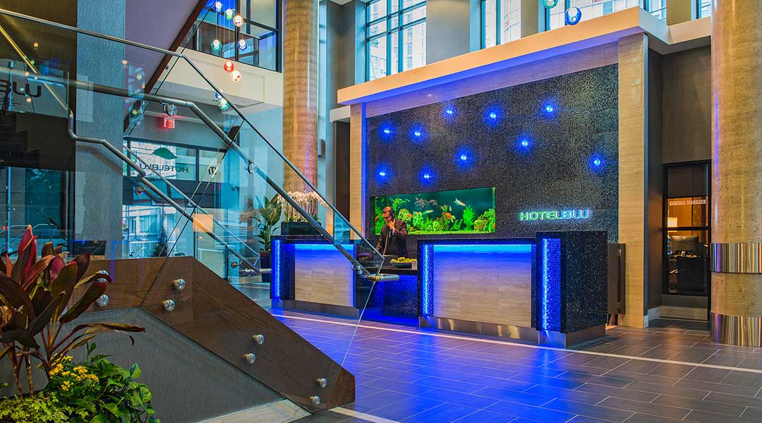 The interior lobby of the Hotel BLU Vancouver in Metro Vancouver The interior lobby of the Hotel BLU Vancouver in Metro Vancouver
