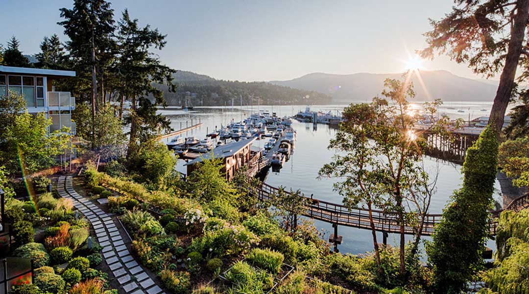 Pathway at Brentwood Bay Resort and Spa next to boats docked at a marina on Vancouver Island Pathway at Brentwood Bay Resort and Spa next to boats docked at a marina on Vancouver Island