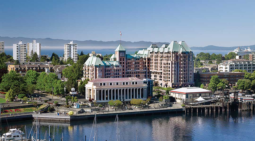 Aerial view of the exterior building of the Hotel Grand Pacific in Victoria BC by the harbour Aerial view of the exterior building of the Hotel Grand Pacific in Victoria BC by the harbour