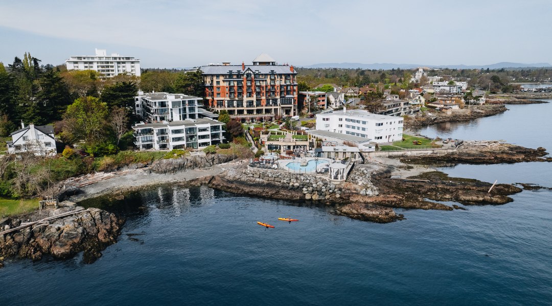 Aerial view of spa and pools overlooking ocean at the Oak Bay Beach Hotel in Victoria BC