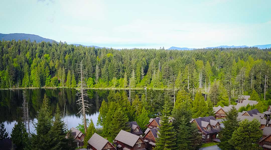 Aerial view of the cottages from Cottages on Salt Spring Island around a lake and forested trees Aerial view of the cottages from Cottages on Salt Spring Island around a lake and forested trees