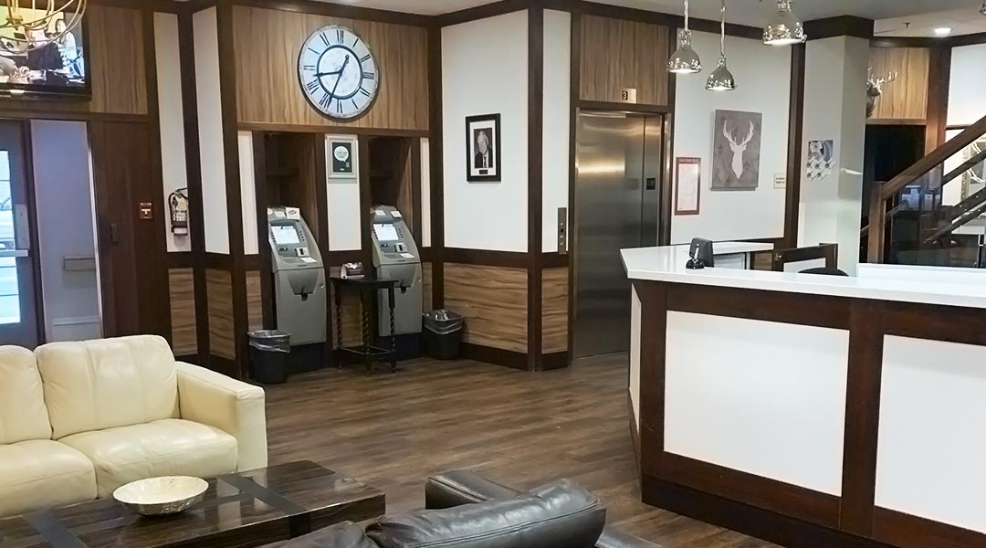 The interior lobby and front desk of the Billy Barker Casino Hotel in Quesnel The interior lobby and front desk of the Billy Barker Casino Hotel in Quesnel