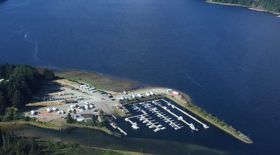 Aerial landscape view of China Creek Campground in Port Alberni on Vancouver Island Aerial landscape view of China Creek Campground in Port Alberni on Vancouver Island