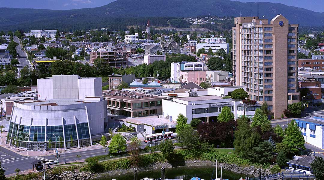 Aerial view of the Coast Bastion Hotel building and the city in Nanaimo on Vancouver Island Aerial view of the Coast Bastion Hotel building and the city in Nanaimo on Vancouver Island
