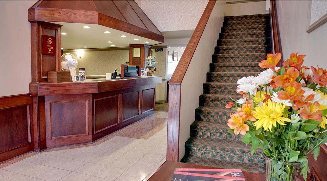 The lobby area and staircase at the Sandman Inn Smithers in Northern BC The lobby area and staircase at the Sandman Inn Smithers in Northern BC