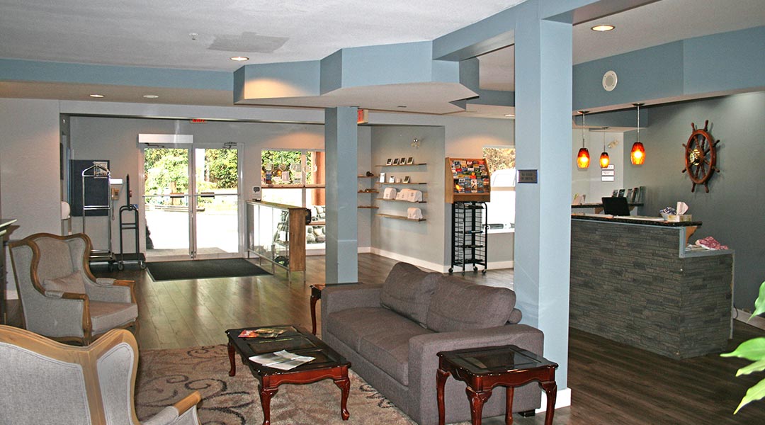 The interior lobby and seating area of the Quarterdeck Resort and Marina in Port Hardy The interior lobby and seating area of the Quarterdeck Resort and Marina in Port Hardy