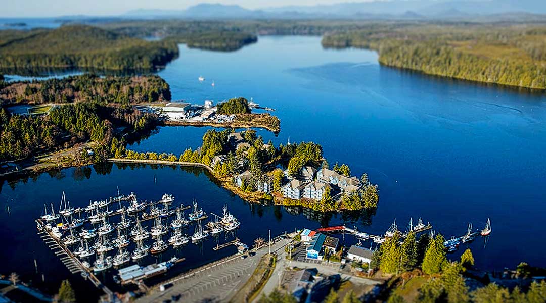 Aerial view of the marina and surrounding islands at Waters Edge Shoreside Suites in Ucluelet Aerial view of the marina and surrounding islands at Waters Edge Shoreside Suites in Ucluelet