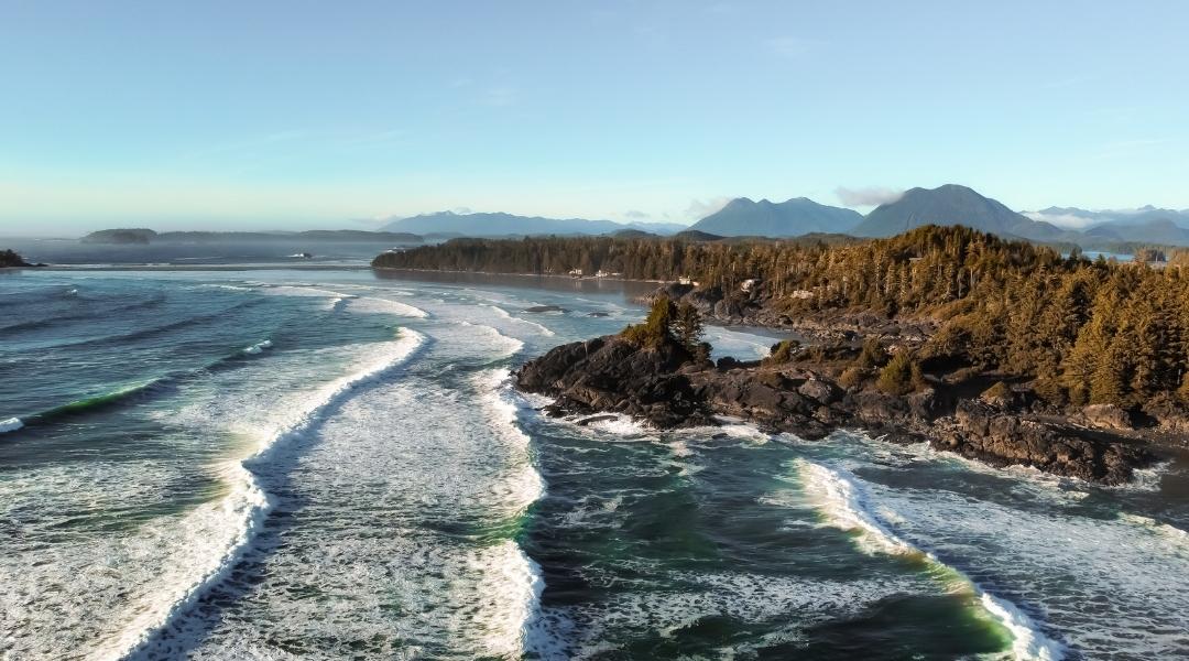 View of Cox Bay and beach below near Long Beach Lodge Resort in Tofino View of Cox Bay and beach below near Long Beach Lodge Resort in Tofino